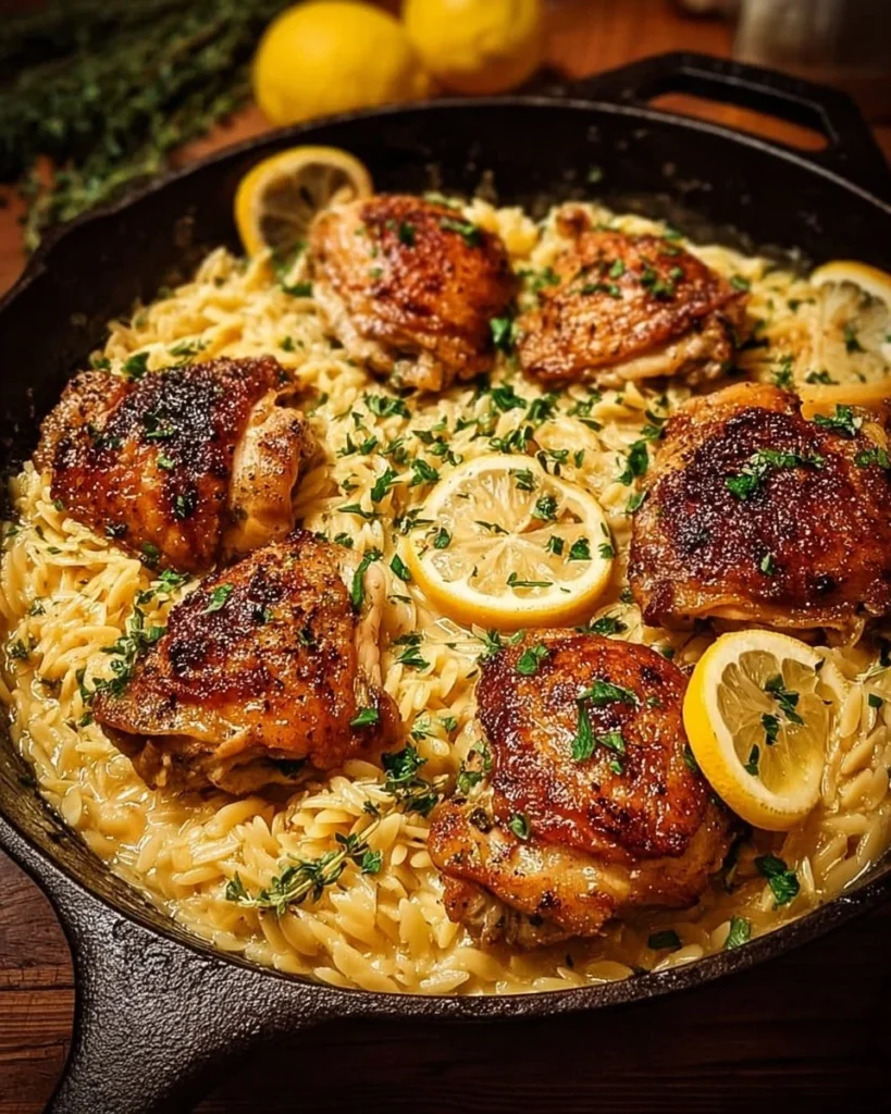Creamy Lemon Garlic Orzo served with tender chicken thighs on a plate