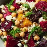 Chickpea salad with beets and feta cheese served in a bowl.