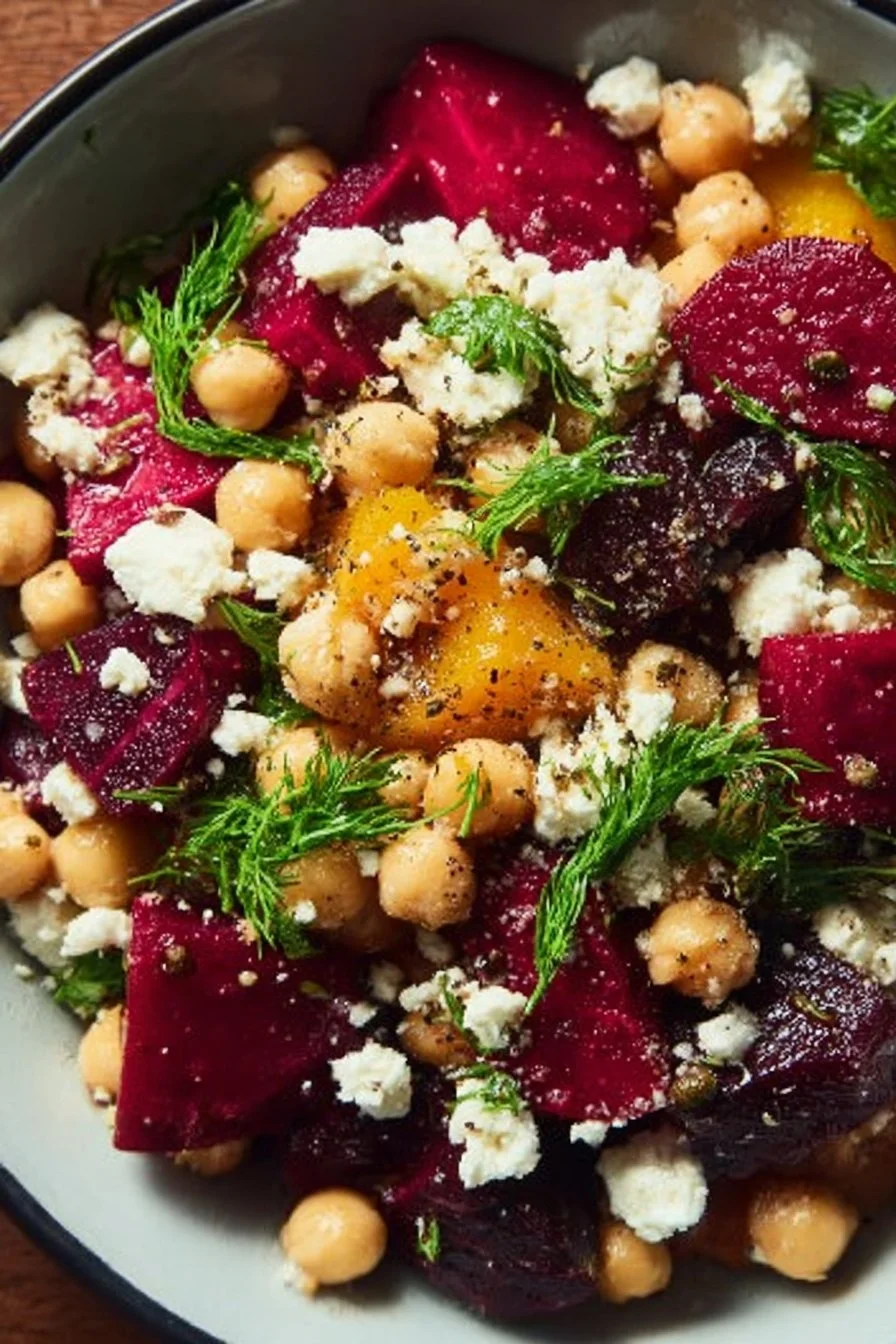 Chickpea salad with beets and feta cheese served in a bowl.