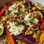 Chickpea Orzo Bowl with goat cheese, roasted vegetables, and walnuts.