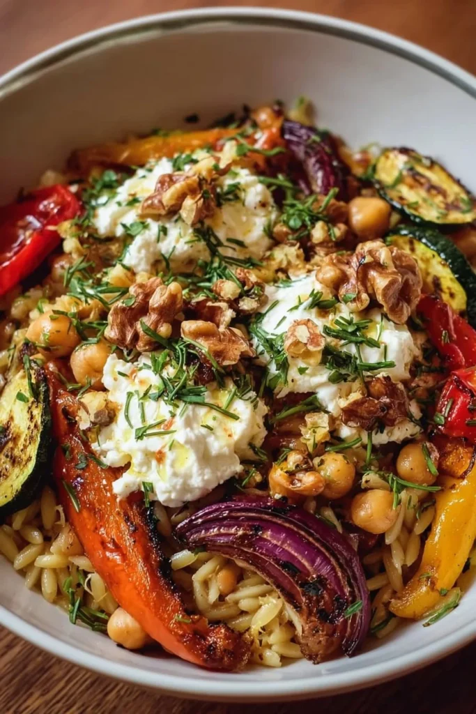 Chickpea Orzo Bowl with goat cheese, roasted vegetables, and walnuts.