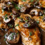Delicious Classic Chicken Marsala with mushrooms and wine sauce served on a plate.