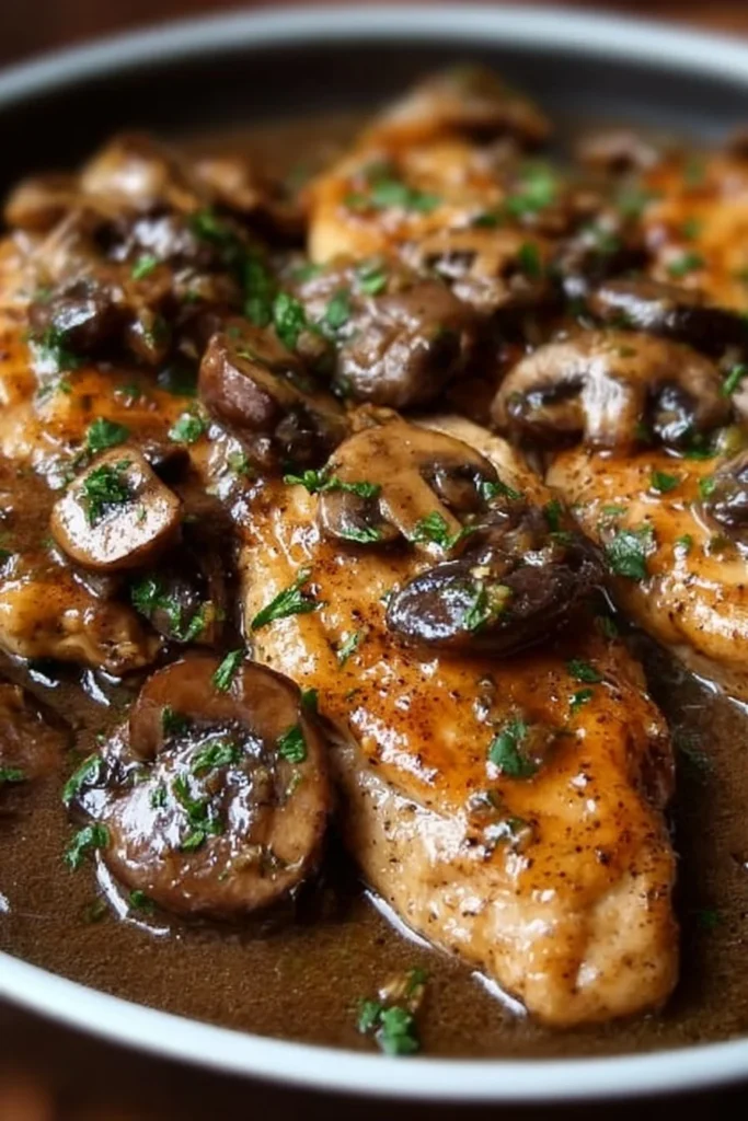 Delicious Classic Chicken Marsala with mushrooms and wine sauce served on a plate.