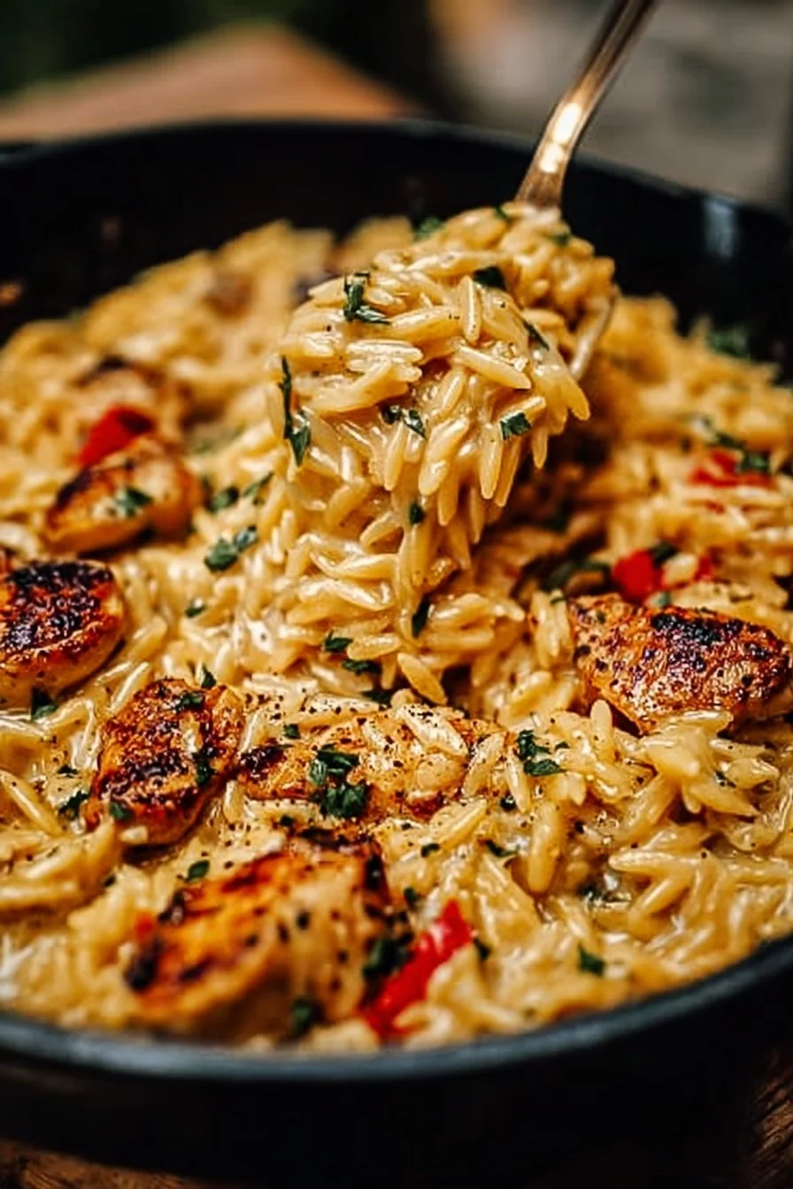 One-pot Cajun Chicken Alfredo Orzo cooked in 30 minutes, served in a bowl.