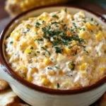 Delicious homemade corn dip served in a bowl with chips