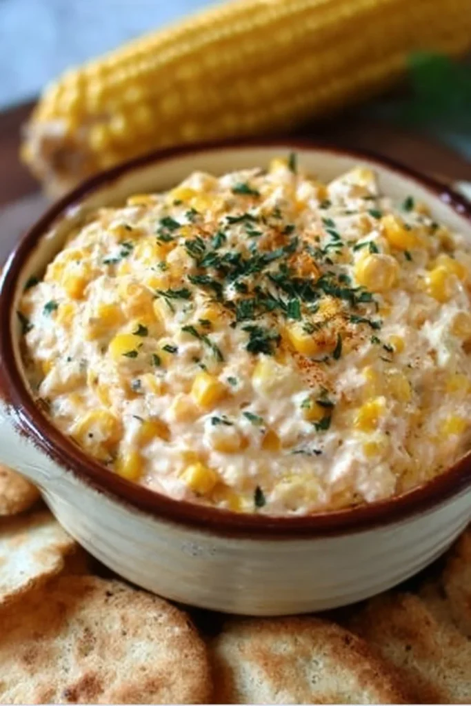 Delicious homemade corn dip served in a bowl with chips
