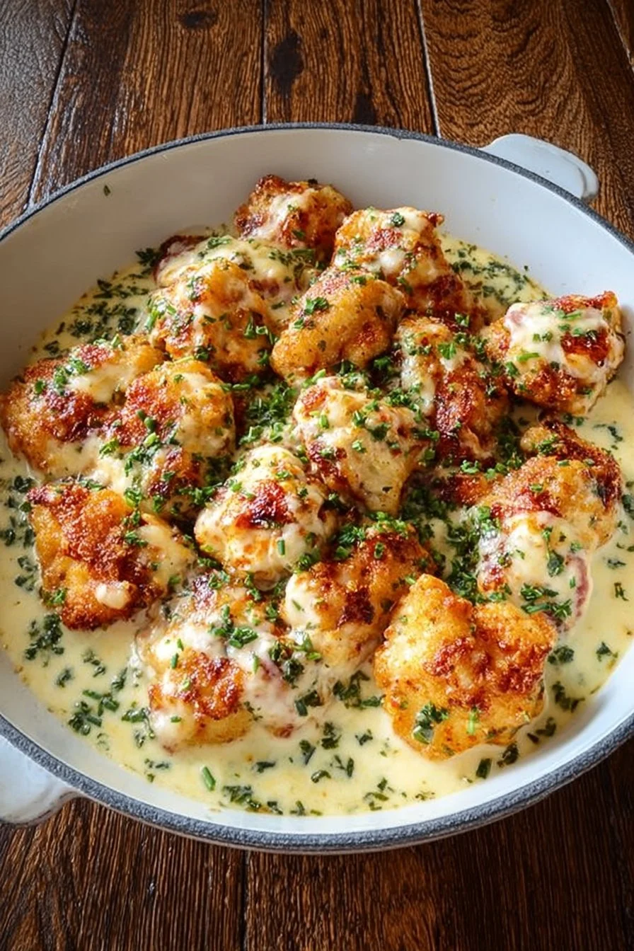 Skillet dish of Cottage Cheese Parmesan Firecracker Chicken topped with herbs