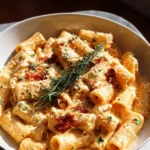 Creamy Cottage Cheese Rigatoni pasta served in a bowl with herbs and spices