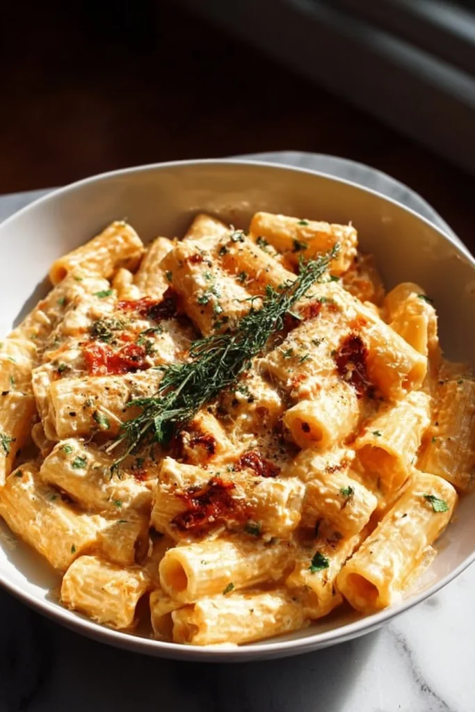 Creamy Cottage Cheese Rigatoni pasta served in a bowl with herbs and spices