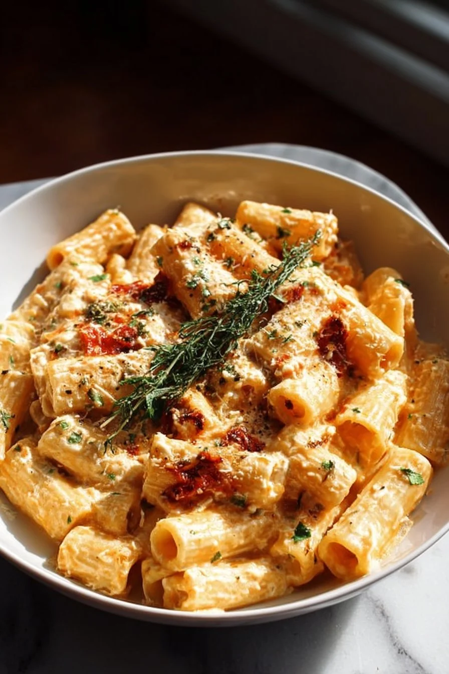 Creamy Cottage Cheese Rigatoni pasta served in a bowl with herbs and spices