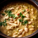 Cozy Dutch Oven White Chicken Chili in a rustic pot