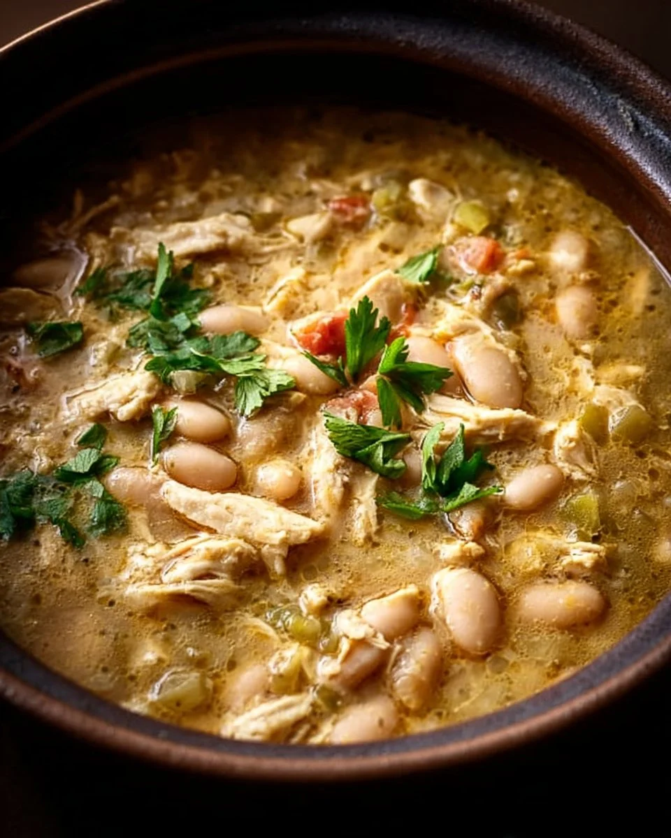 Cozy Dutch Oven White Chicken Chili in a rustic pot