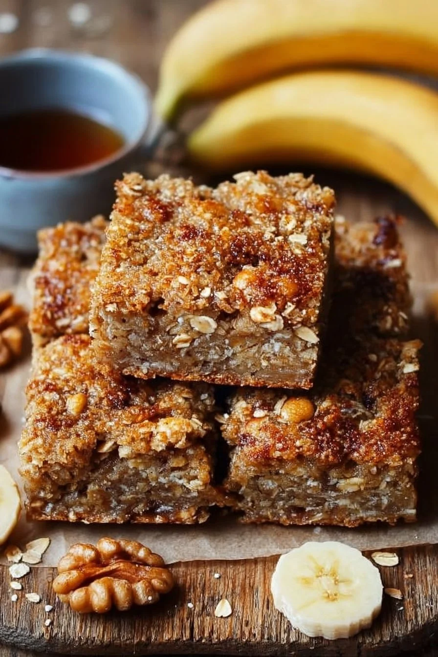 Cozy morning banana oatmeal bars made with ripe bananas and oats