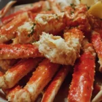 A plate of succulent crab legs served with lemon and butter for dipping