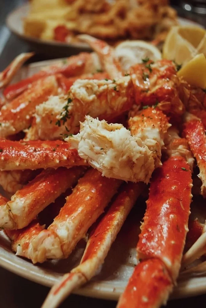 A plate of succulent crab legs served with lemon and butter for dipping