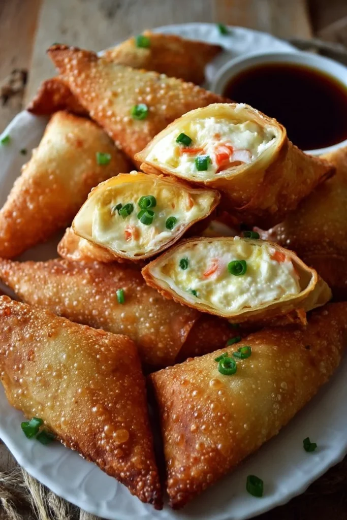 Delicious homemade Crab Rangoon egg rolls served with dipping sauce