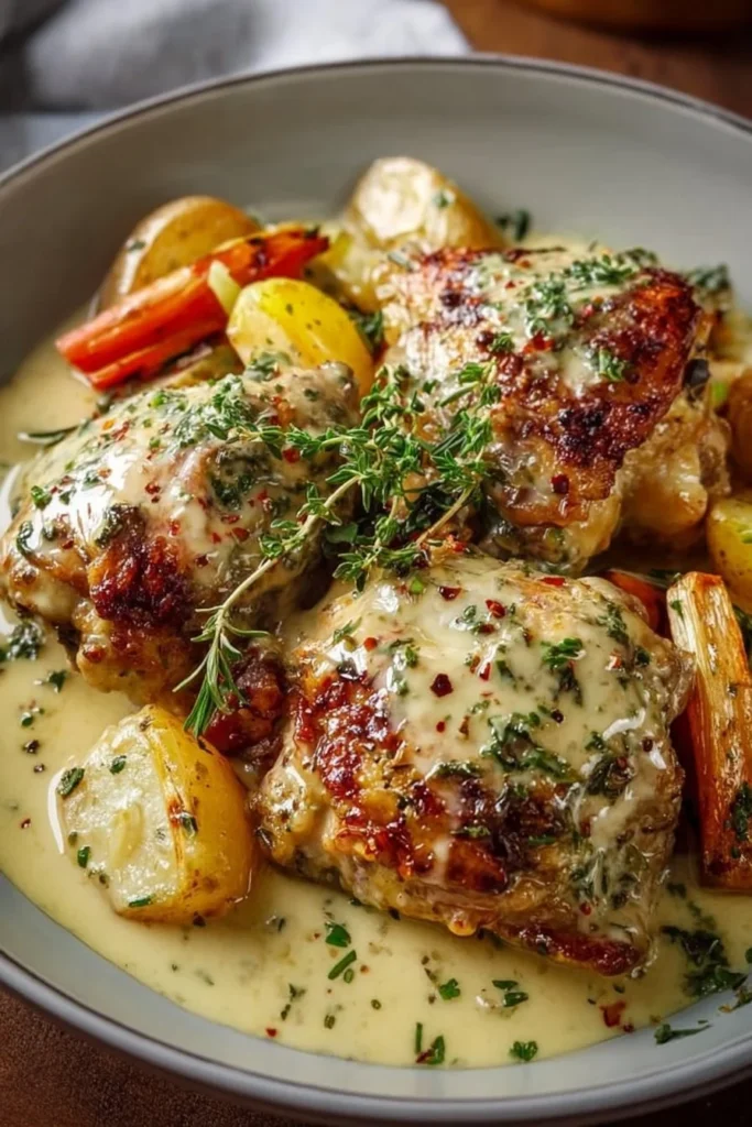 Delicious creamy baked Dijon chicken thighs served on a plate.