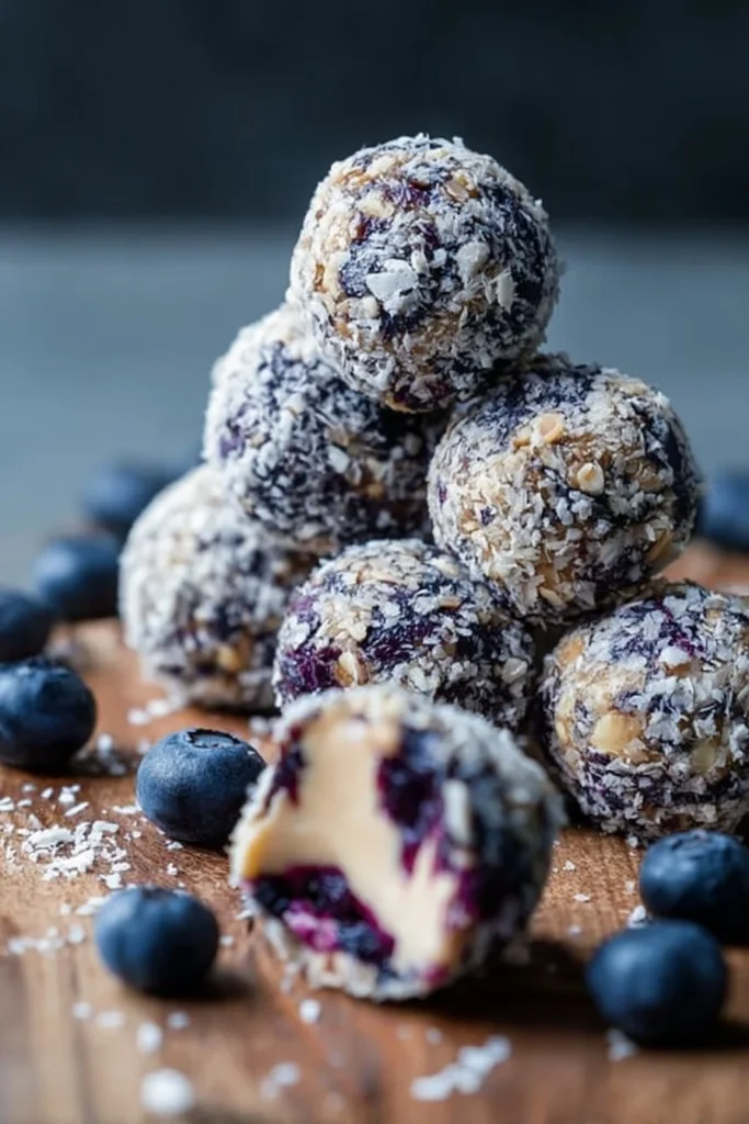 Creamy blueberry cheesecake protein balls on a decorative plate