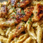 Creamy Cajun Chicken Penne pasta in a bowl with fresh herbs and spices
