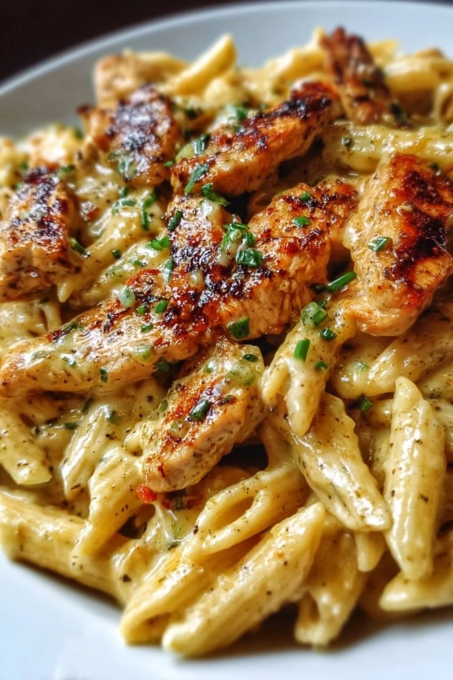 Creamy Cajun Chicken Penne pasta in a bowl with fresh herbs and spices