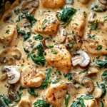 Creamy chicken mushroom spinach skillet dish with fresh ingredients