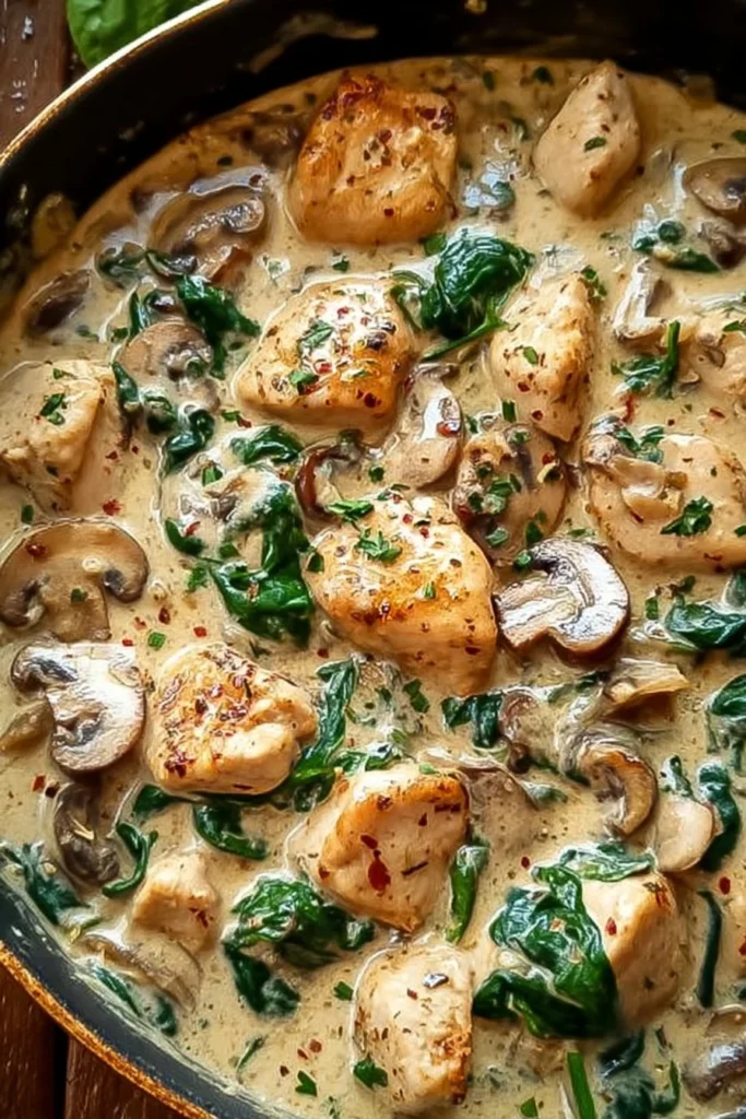 Creamy chicken mushroom spinach skillet dish with fresh ingredients