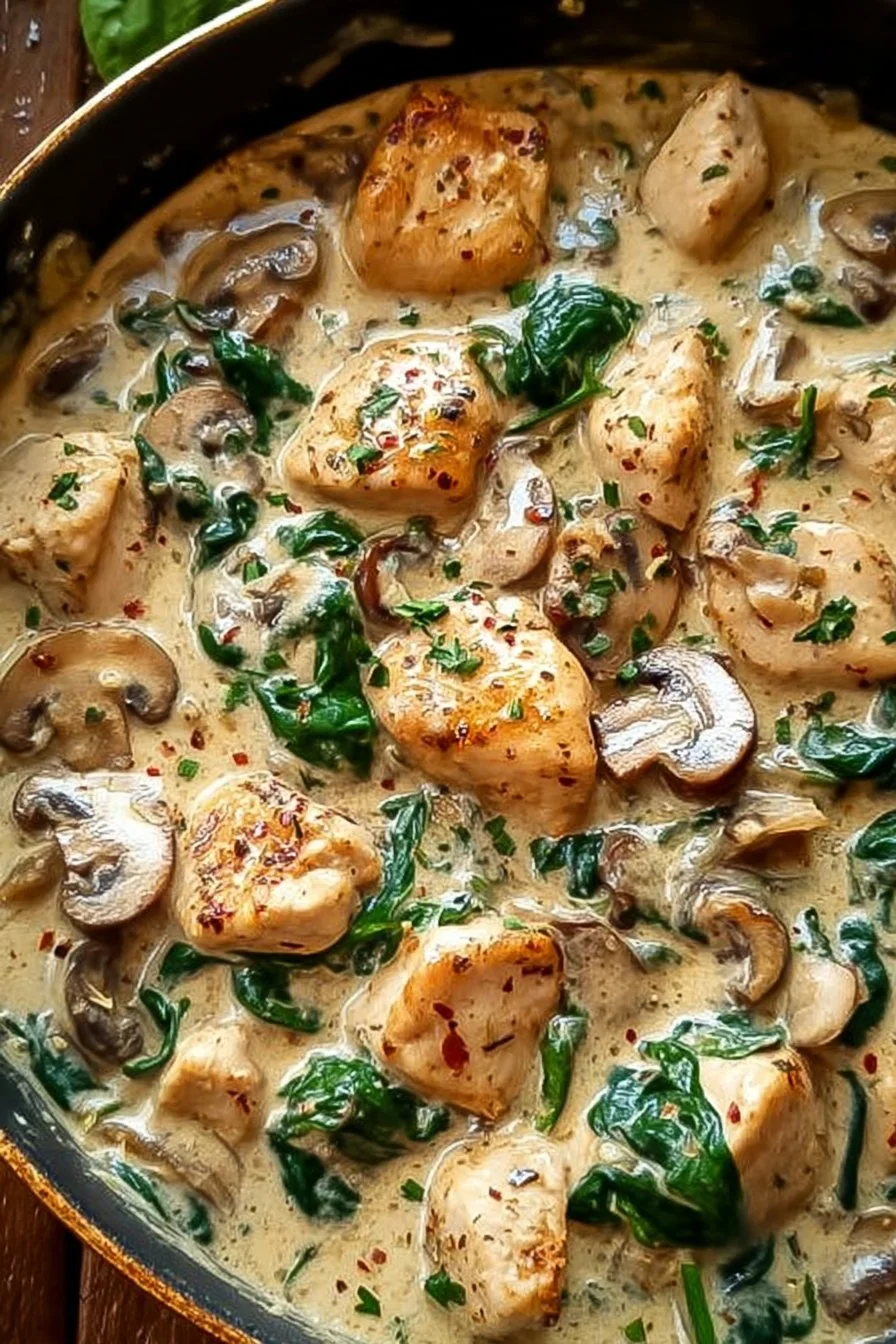 Creamy chicken mushroom spinach skillet dish with fresh ingredients