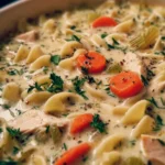 Creamy chicken noodle soup in a bowl, garnished with herbs.