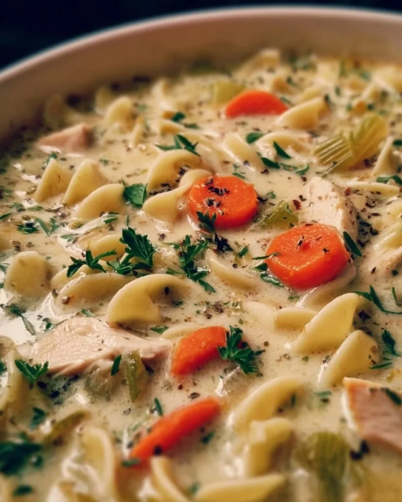 Creamy chicken noodle soup in a bowl, garnished with herbs.