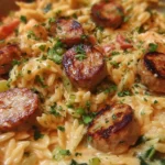 Creamy chicken sausage orzo dish served in a bowl with herbs.
