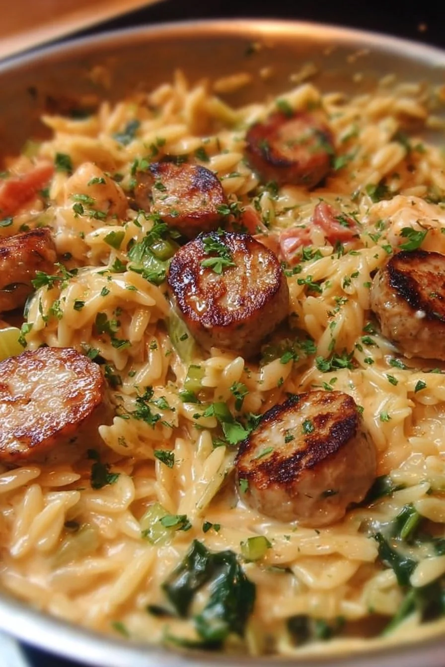 Creamy chicken sausage orzo dish served in a bowl with herbs.