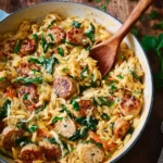 Creamy chicken sausage orzo in a skillet, perfect one-pan meal recipe.