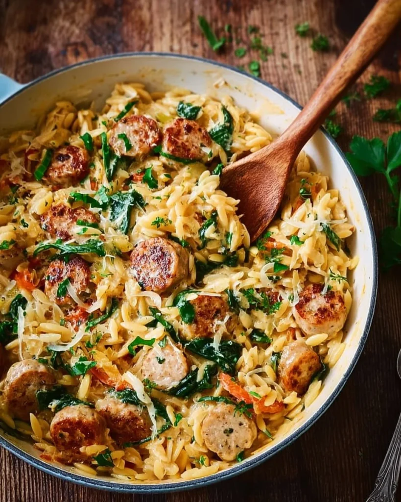 Creamy chicken sausage orzo in a skillet, perfect one-pan meal recipe.