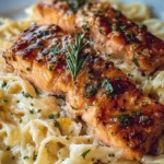 Creamy Garlic Butter Salmon Fettuccine served in a bowl with parsley garnish