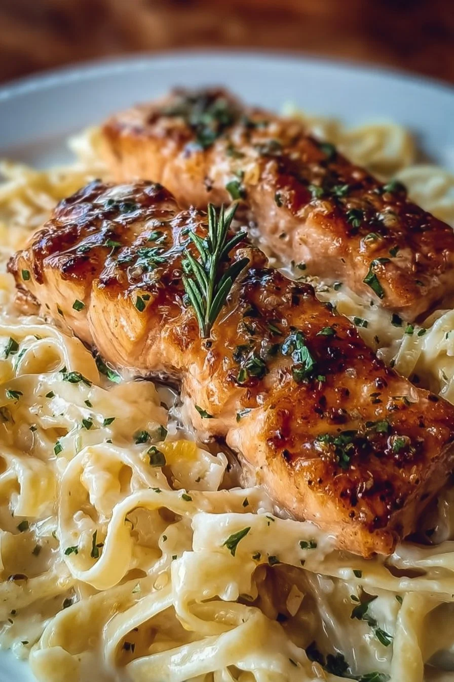 Creamy Garlic Butter Salmon Fettuccine served in a bowl with parsley garnish