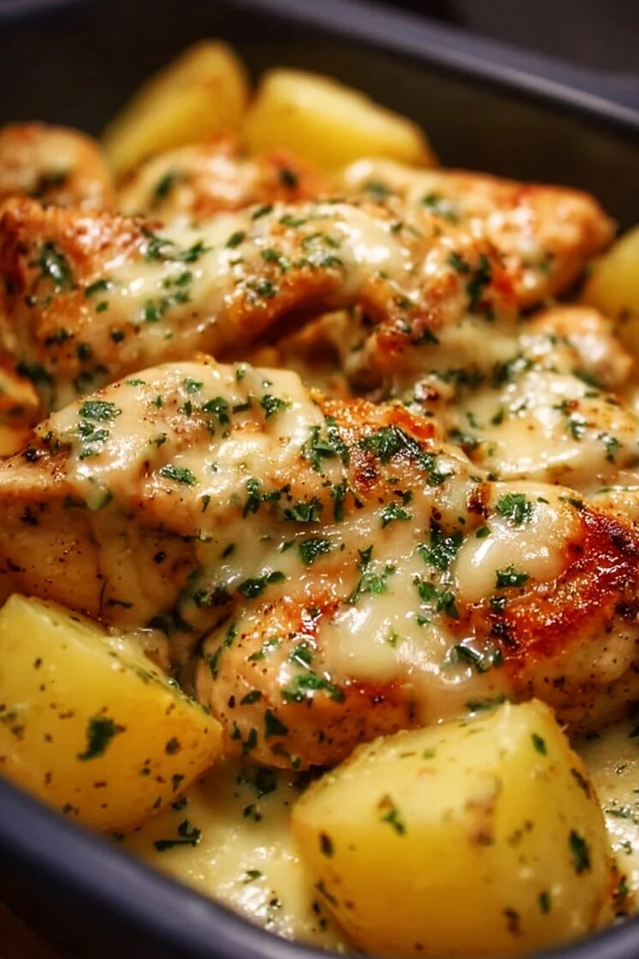 Creamy garlic cheesy chicken served with potatoes on a plate