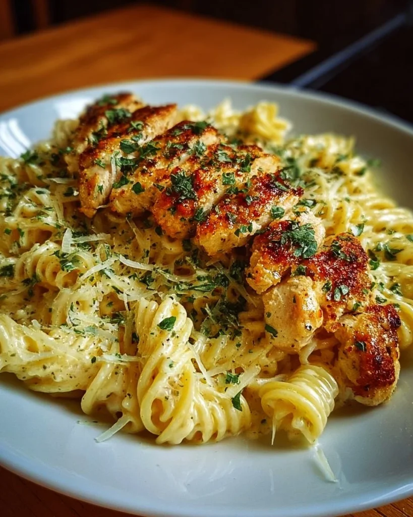 Delicious creamy garlic Parmesan chicken pasta served with pasta and fresh herbs.