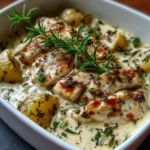 Delicious creamy herb chicken dish garnished with fresh herbs.