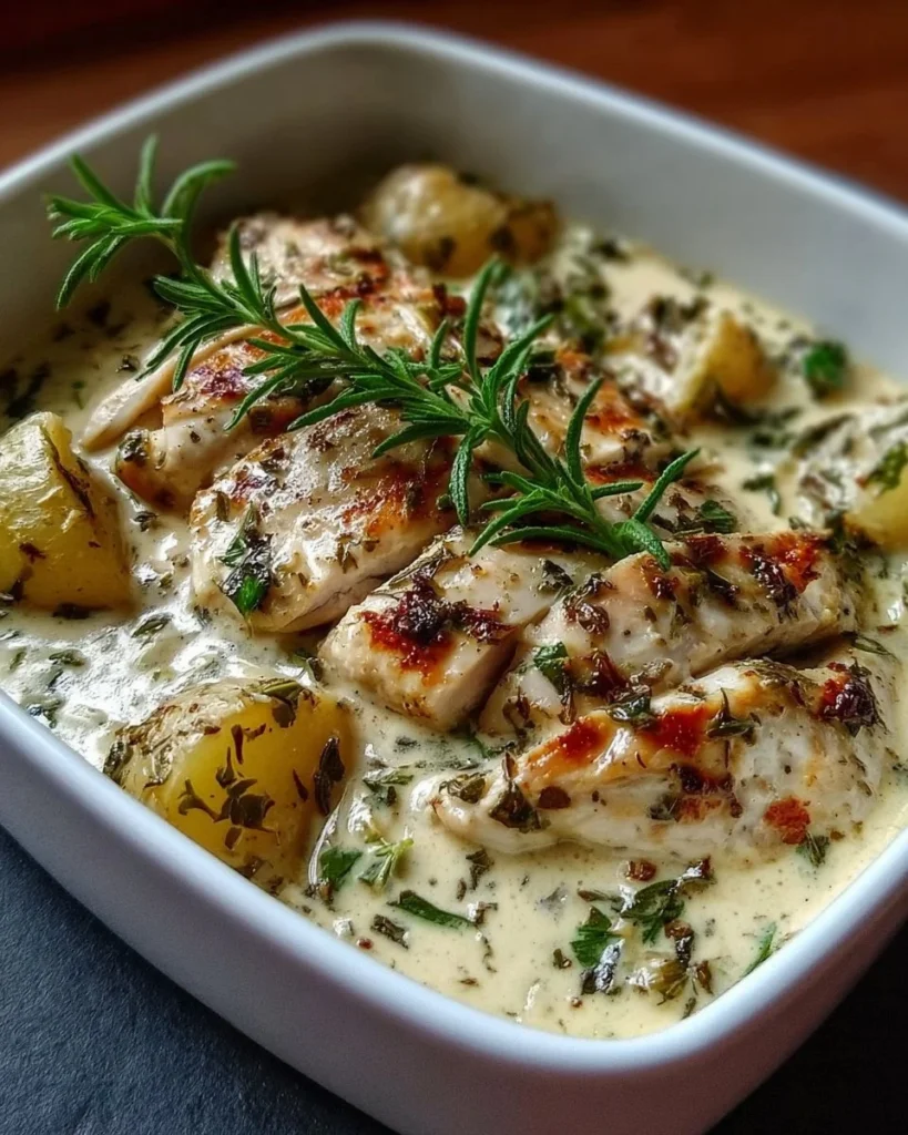 Delicious creamy herb chicken dish garnished with fresh herbs.