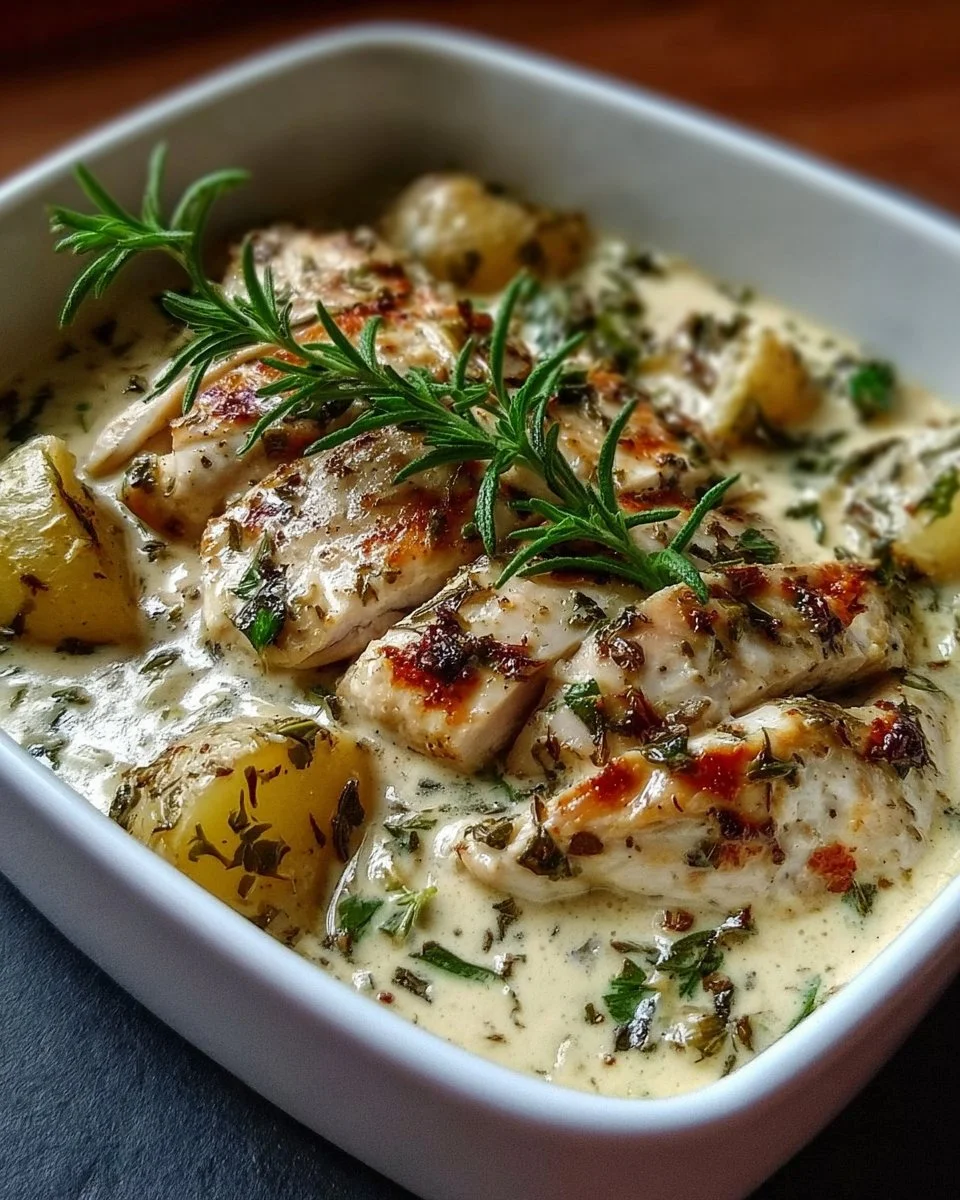 Delicious creamy herb chicken dish garnished with fresh herbs.