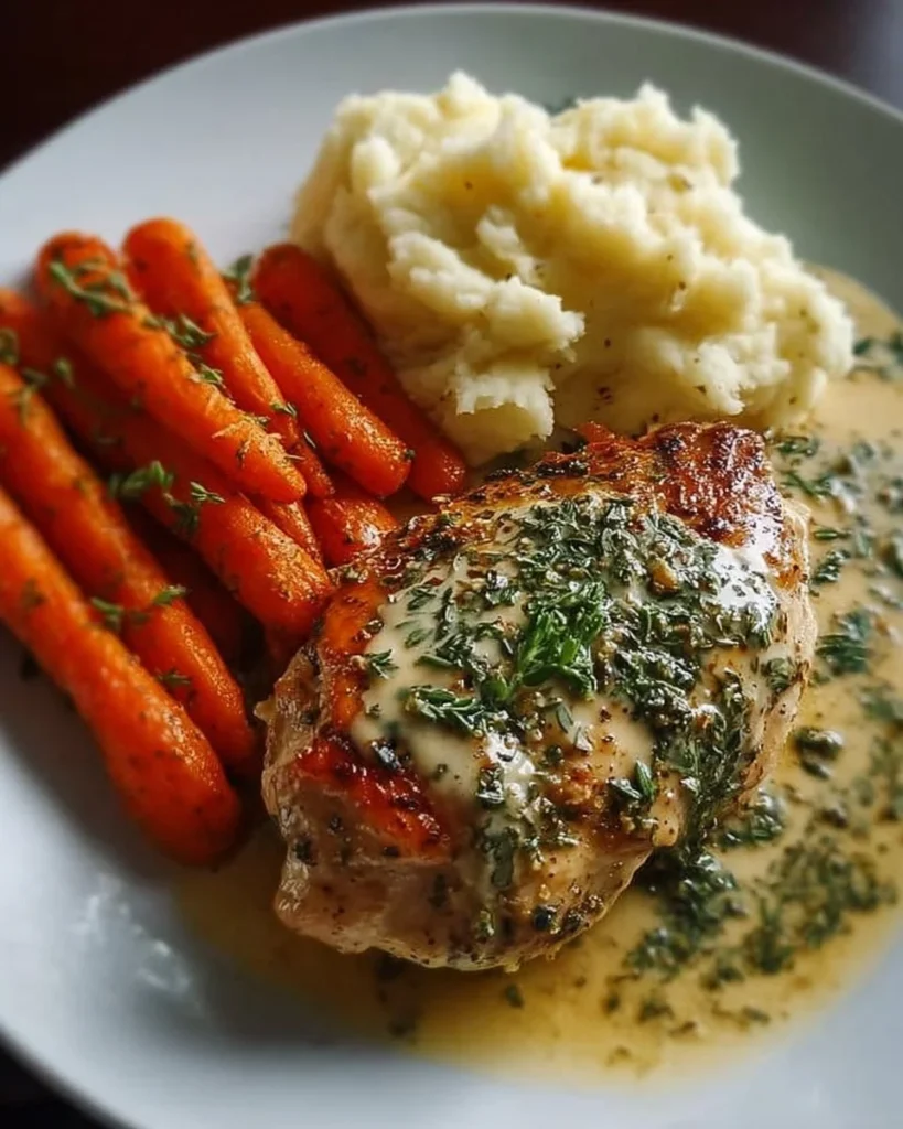 Creamy herb chicken served with mashed potatoes and honey glazed carrots