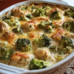 Creamy keto broccoli chicken casserole topped with cheese and herbs