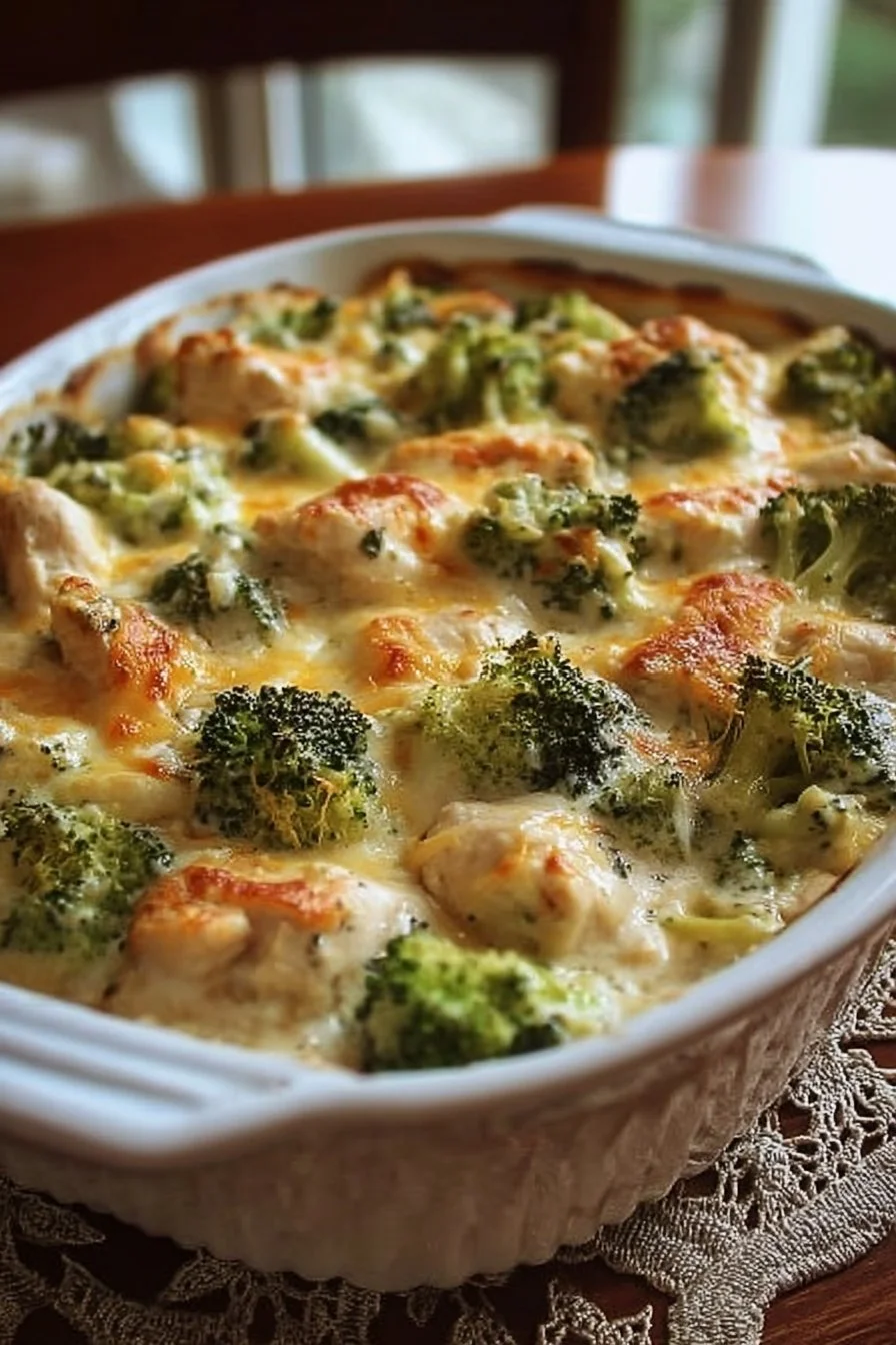 Creamy keto broccoli chicken casserole topped with cheese and herbs