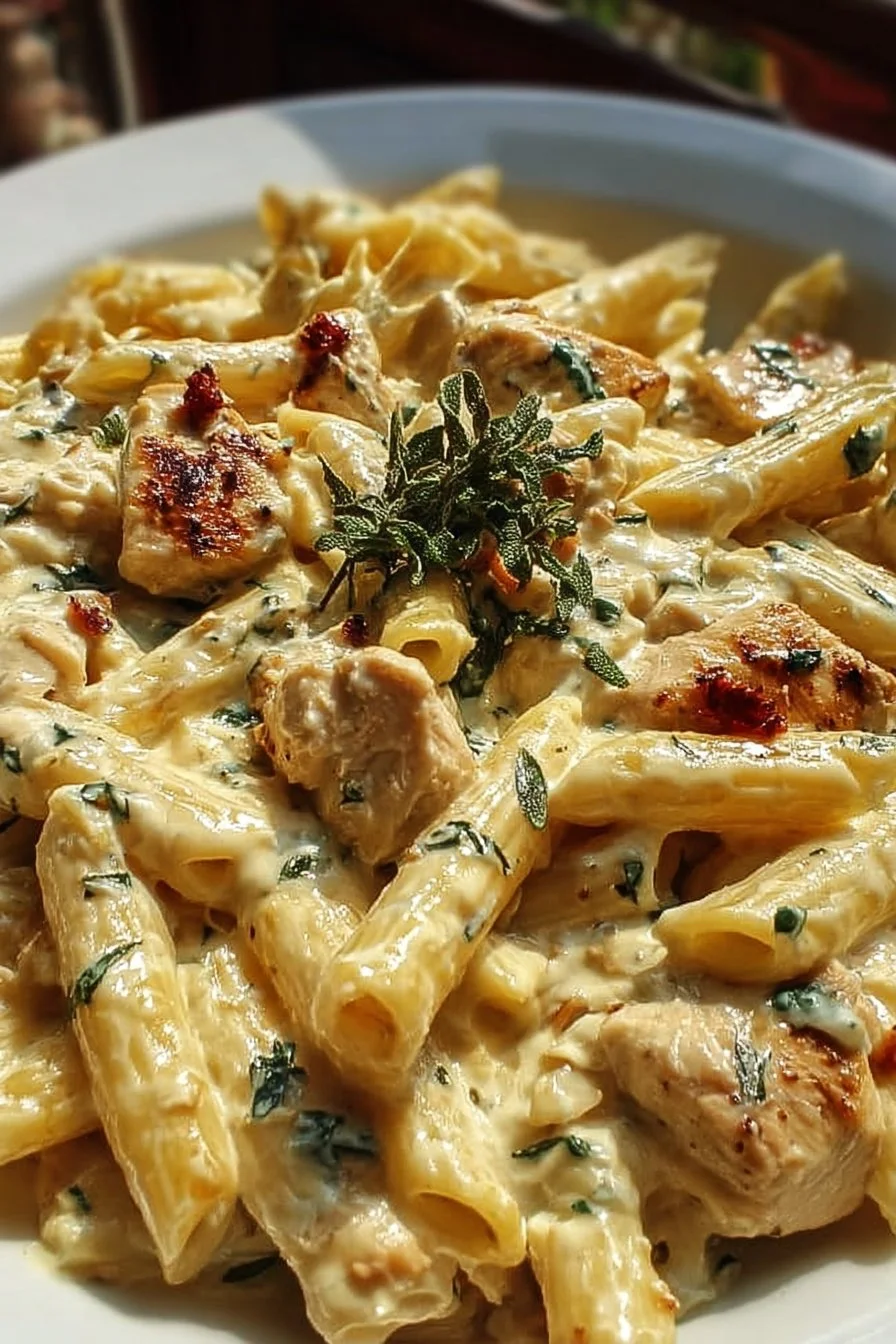 Creamy ricotta chicken pasta served in a bowl with herbs and pepper on top