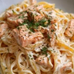 A plate of creamy salmon pasta garnished with herbs and lemon slices.
