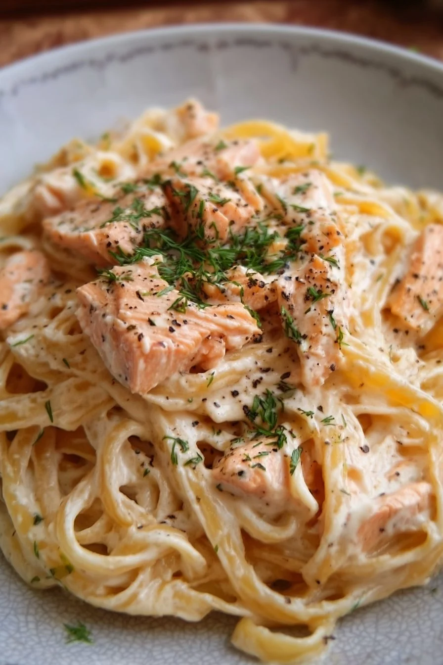 A plate of creamy salmon pasta garnished with herbs and lemon slices.