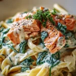 Creamy salmon spinach pasta dish garnished with fresh spinach and herbs