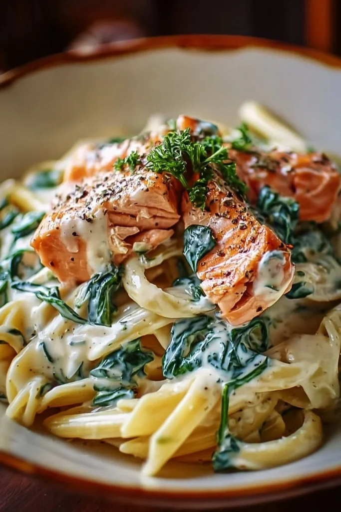 Creamy salmon spinach pasta dish garnished with fresh spinach and herbs