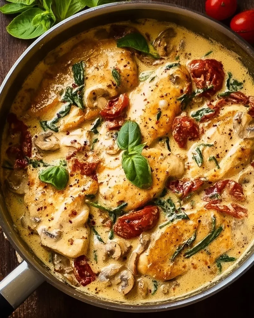 Creamy Tuscan chicken with spinach, tomatoes, and herbs served on a plate