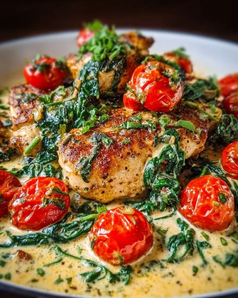 Creamy Tuscan chicken with spinach and cherry tomatoes served on a plate